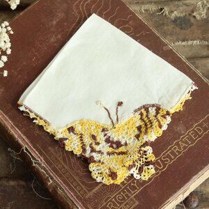 Vintage 1960s Handkerchief, Crochet Butterfly And Pale Yellow Linen Hankie